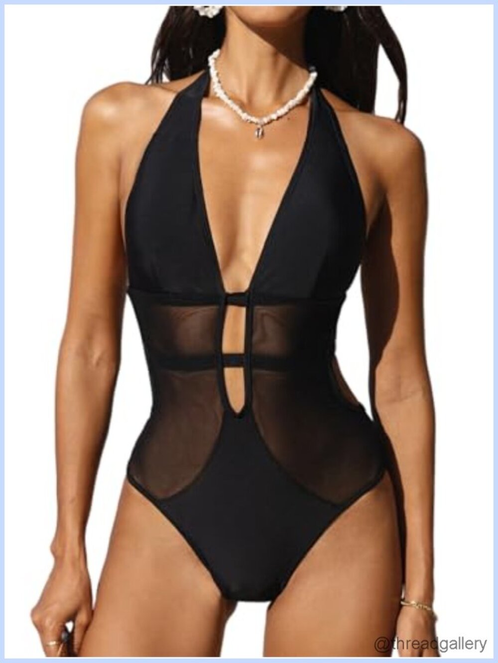 Women's Mesh Monokini One Piece Swimsuit Halter Deep V Plunge Backless Swimwear